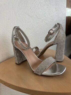 Silver Embellished Block Heel Sandals - Women